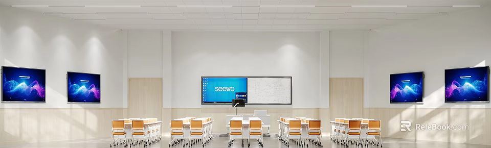 Modern School Classroom With SEEWO Smart Screen Whiteboard And Student Desks Chairs 3d model 