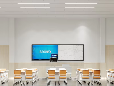 Modern School Classroom With SEEWO Smart Screen Whiteboard And Student Desks Chairs 3d model