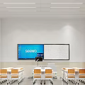 Modern School Classroom With SEEWO Smart Screen Whiteboard And Student Desks Chairs