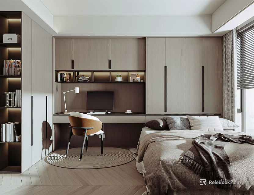 Modern Tatami Bedroom Interior With Built in Storage Cabinets Wooden Desk Cozy Bed And Natural Light 3d model 