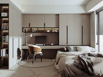 Modern Tatami Bedroom Interior With Built in Storage Cabinets Wooden Desk Cozy Bed And Natural Light 3d model