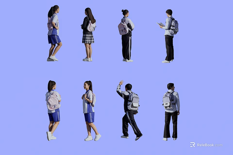 Group of Students Carrying Backpacks In Different Poses On Blue Background 3d model 