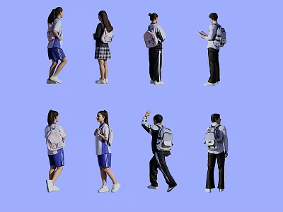 Group of Students Carrying Backpacks In Different Poses On Blue Background 3d model