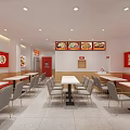 Modern Restaurant Interior With Red Decor Tables Chairs And Menu Posters 3d model