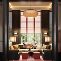 Elegant Hotel Lobby Interior With Round Pendant Light Sofa Seating And Large Windows 3d model