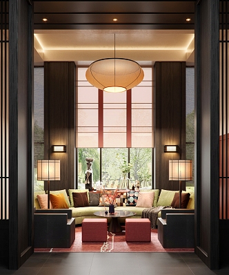 Modern Hotel Lobby Leisure Space Decoration Chandelier Sofa Coffee Table Floor Lamp Spotlight Ornaments Carpet 3d model