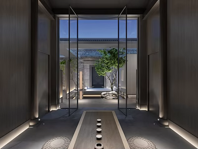 Modern Chinese Teahouse Interior With Courtyard View Wooden Structure And Ambient Lighting 3d model