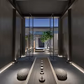 Modern Chinese Teahouse Interior With Courtyard View Wooden Structure And Ambient Lighting