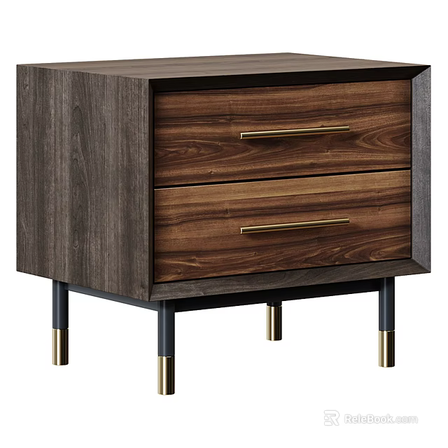 Walnut Wood Bedside Table With Two Drawers Gold Handles And Black Gold Legs 3d model 