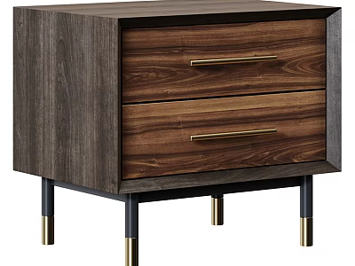 Walnut Wood Bedside Table With Two Drawers Gold Handles And Black Gold Legs 3d model