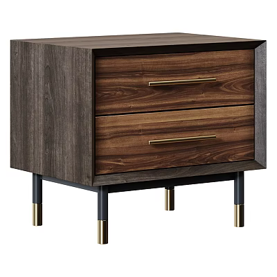 Walnut Wood Bedside Table With Two Drawers Gold Handles And Black Gold Legs 3d model