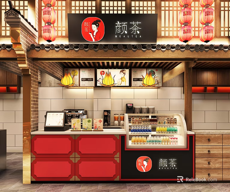 Traditional Chinese Style Food and Beverage Stall with Red Lanterns Wooden Structure and Beverage 3d model 