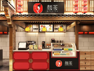 Traditional Chinese Style Food and Beverage Stall with Red Lanterns Wooden Structure and Beverage 3d model