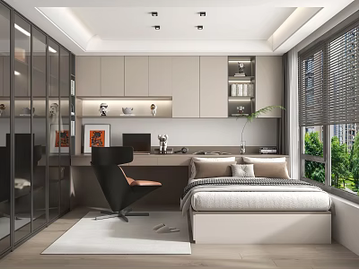 Modern Bedroom Interior Design With Bed Desk Built-in Cabinets Window Blinds And Greenery 3d model