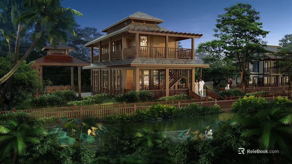 Traditional Two Story Wooden Guesthouse With Pond And Lush Greenery In Natural Surroundings 3d model 