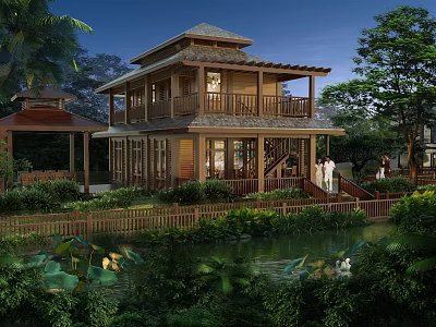 Traditional Two Story Wooden Guesthouse With Pond And Lush Greenery In Natural Surroundings 3d model