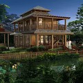 Traditional Two Story Wooden Guesthouse With Pond And Lush Greenery In Natural Surroundings