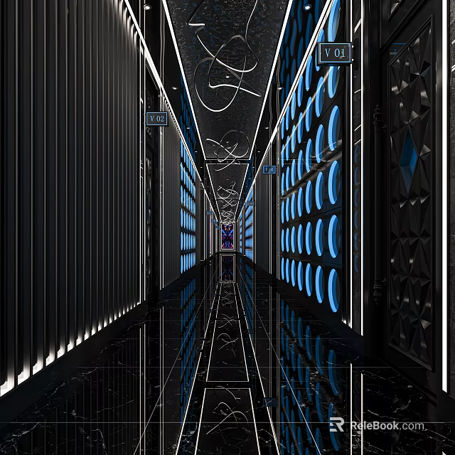 Modern KTV Corridor Design With Blue Circular Lighting And Reflective Floor 3d model 
