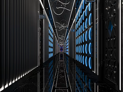 Modern KTV Corridor Design With Blue Circular Lighting And Reflective Floor 3d model