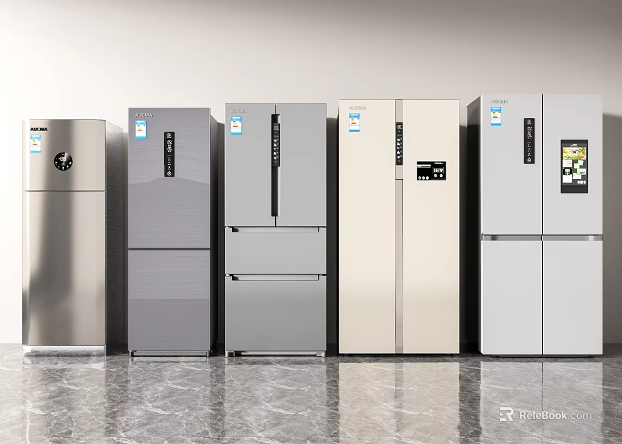 Modern Refrigerators and Freezers in Various Styles with Different Door Designs for Kitchen Appliances 3d model 