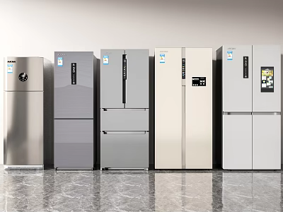 Modern Refrigerators and Freezers in Various Styles with Different Door Designs for Kitchen Appliances 3d model