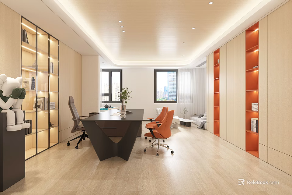 Modern Office Interior With Executive Desk Ergonomic Chairs Large Windows And Wooden Bookshelves 3d model 
