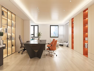 Modern Office Interior With Executive Desk Ergonomic Chairs Large Windows And Wooden Bookshelves 3d model