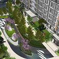 Landscaped Garden With Greenery Pathway And Water Feature By High Rise Building