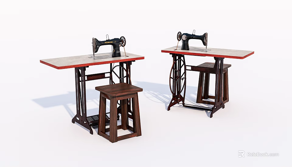 Industrial Sewing Machines On Wooden Worktables With Red Tabletops And Stools 3d model 