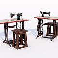 Industrial Sewing Machines On Wooden Worktables With Red Tabletops And Stools