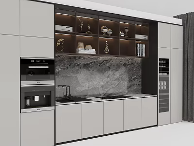 Modern Kitchen Cabinets With Marble Countertop Built-in Appliances And Storage Shelves 3d model