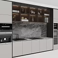 Modern Kitchen Cabinets With Marble Countertop Built-in Appliances And Storage Shelves