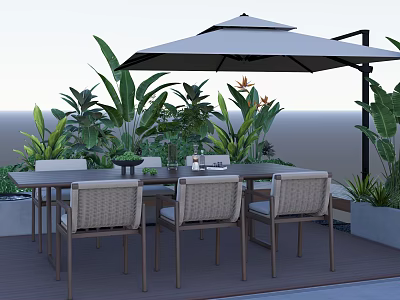 Outdoor Landscape Seating Area With Patio Umbrella Green Plants And Wooden Table 3d model