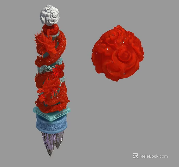 Intricate Red Dragon Carved Pillar And Spherical Ornament Decorative Artwork 3d model 
