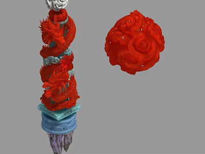 Intricate Red Dragon Carved Pillar And Spherical Ornament Decorative Artwork 3d model