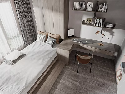 Cozy Modern Tatami Bedroom With Wooden Desk Bookshelves And Window Curtains 3d model