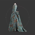 Vintage Turquoise Floral Pattern Dress With Full Skirt And Long Sleeves