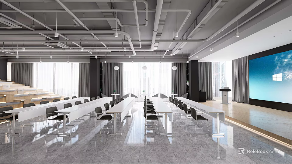 Spacious Modern School Interior With Long Tables Chairs Podium And Large Windows 3d model 