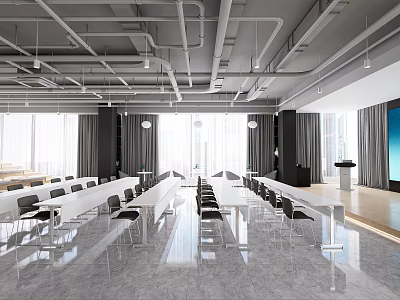 Spacious Modern School Interior With Long Tables Chairs Podium And Large Windows 3d model