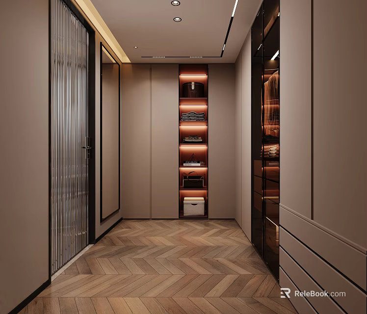 Modern Walk in Closet With Illuminated Shelves And Herringbone Flooring 3d model 