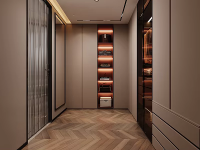 Modern Walk in Closet With Illuminated Shelves And Herringbone Flooring 3d model