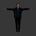 Man With Arms Outstretched In Black Jacket Blue Shirt Black Pants Blue Shoes Gray Background