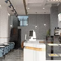 Milk Tea Shop Interior With White Tile Walls Blue Chairs Counter And Display Case