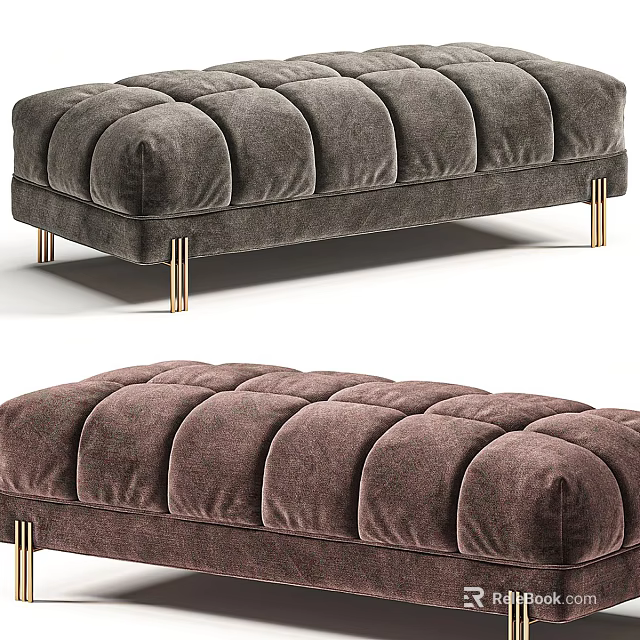 Dark Brown Tufted Velvet Ottoman Bench With Gold Metal Legs 3d model 