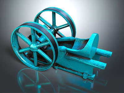Vintage Blue Mechanical Equipment Featuring Two Large Wheels And Metal Structure 3d model