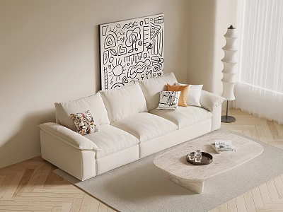 Cozy White Multi person Sofa With Throw Pillows Abstract Wall Art And Floor Lamp 3d model