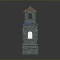 Cartoon Scene Stone Tower With Blue Roof Arched Windows And Gray Base