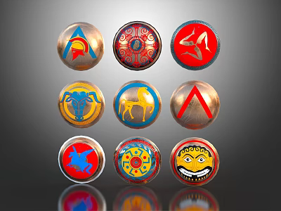 Weapon Decorative Badges With Various Emblems Including Helmet Lion And Abstract Designs 3d model
