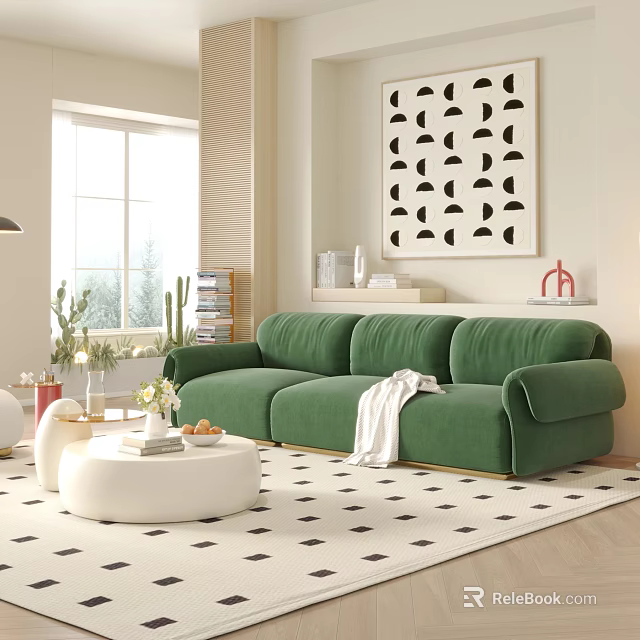 Cozy Green Velvet Three Seater Sofa With White Coffee Table Geometric Rug In Living Room 3d model 