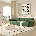 Cozy Green Velvet Three Seater Sofa With White Coffee Table Geometric Rug In Living Room